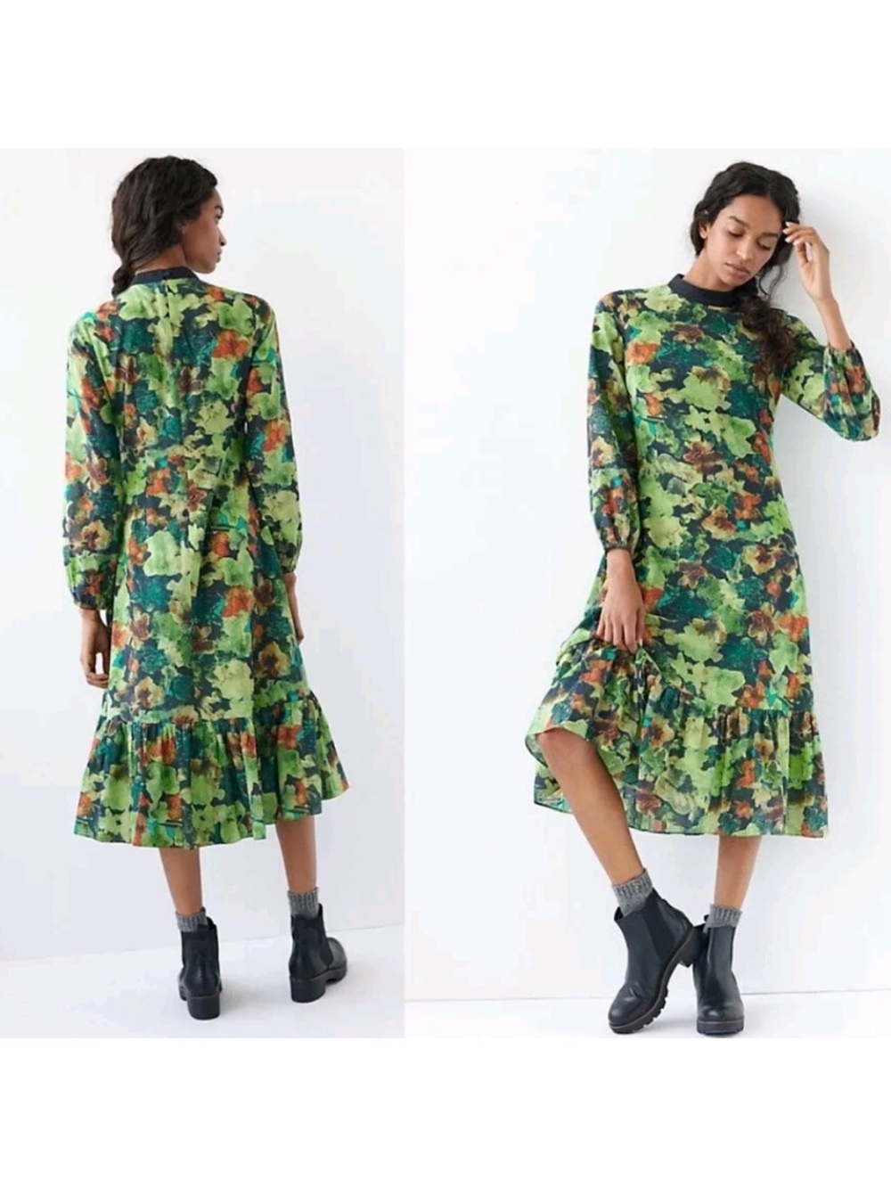NWOT Samant Chauhan Raquela Green Floral Long-Sleeve Ruffle Maxi Dress Sz S B137